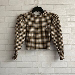 Zara Beige Gingham Ruffle Long Sleeve Blouse